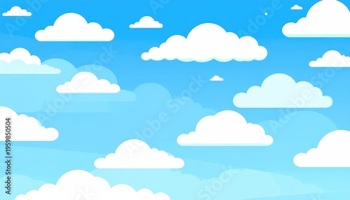 A cartoon-style illustration of a bright blue sky filled with fluffy white clouds of varying sizes and shapes