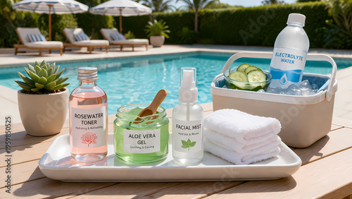 Realistic 16:9 poolside skincare bar. Wood table with ceramic tray holding rosewater, aloe vera, and face cloths. Cooler basket with cucumber slices. Pool and lounge chairs background. Wellness outdoo
