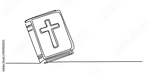 A continuous line drawing of a holy bible featuring a prominent cross symbol on the front cover Vector, illustration