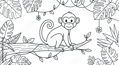 A charming, happy cartoon monkey with a long curled tail sits peacefully on a thick tree branch surrounded by lush tropical jungle foliage, perfect for children's coloring books.