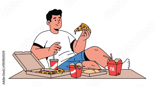 A man sitting on the ground eating pizza and drinking soda from a fast food chain with a cardboard box and containers around him on a white background.