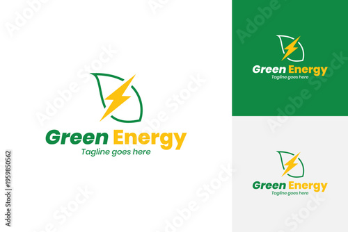 Green energy logo design with leaf lightning bolt vector illustration
