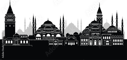 Flat vector illustration of Istanbul skyline silhouettes featuring Hagia Sophia, Blue Mosque, Galata Tower, domes, minarets, Ottoman Byzantine architecture design