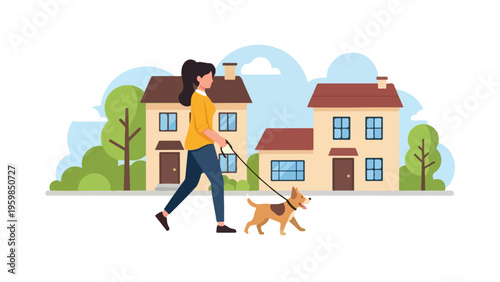 Illustration of a woman walking a dog on a leash past suburban houses with trees and blue sky.