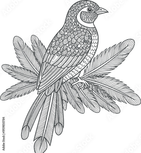 Exquisite black and white line art illustration capturing an ornate bird with incredibly detailed feather patterns, beautifully perched on an elaborate spread of decorative stylized feathers.
