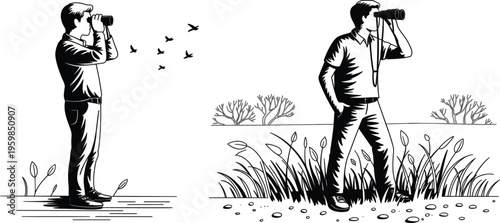 Man using binoculars observing birds in nature outdoor exploration wildlife watching illustration scene design