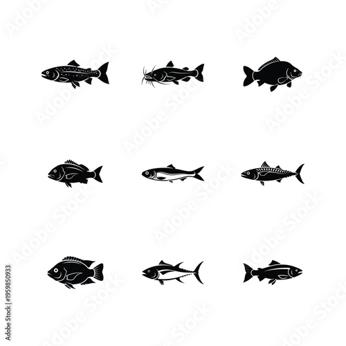 Set of 9 Fish Silhouettes Vector Icons Including Salmon, Catfish, Tuna, and Tilapia