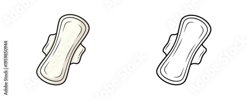 Detailed diagram showing a clean anatomical sanitary pad in white and cream colors next to a black and white outline for education on white background