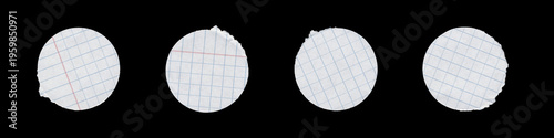 Set of round graph paper stickers with soft torn edges on black background
