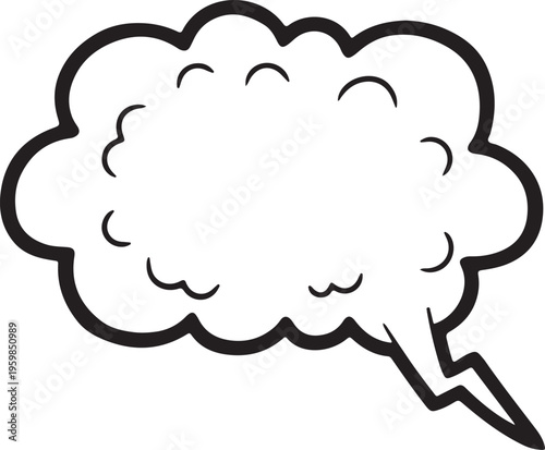 A classic black outline thought bubble or cloud icon, featuring a bold stroke and a whimsical, rounded shape with a lightning-style pointer for comic or infographic use.