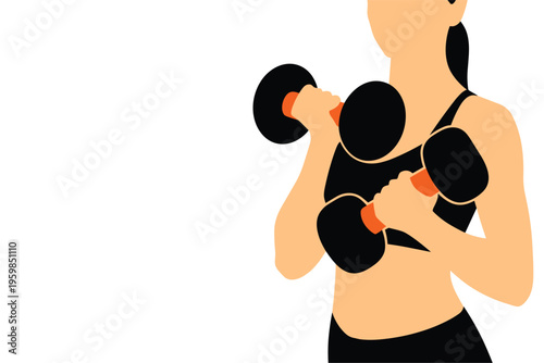 Woman Exercising with Dumbbells Flat Illustration, fitness workout concept with copy space