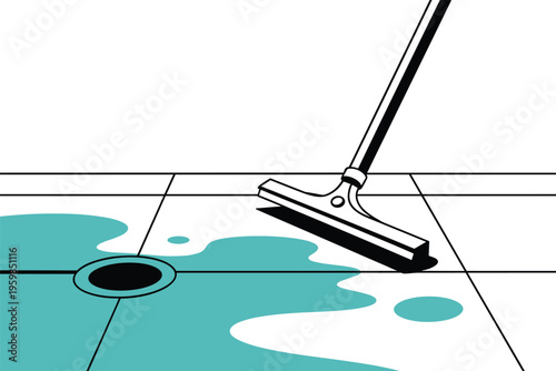 Squeegee cleaning a wet tiled floor towards a drain, cleaning maintenance concept