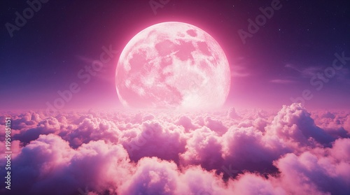 Large pink moon hangs over fluffy clouds in the night sky with stars shining brightly and colorful lights creating a dream-like scene