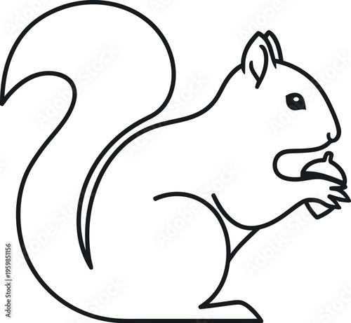 A simple and elegant black outline vector illustration of a cute squirrel sitting, holding and eating an acorn, isolated on a clean white background, perfect for children's books or nature themes.