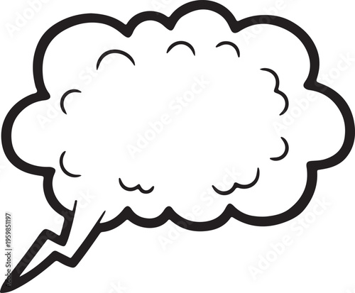 A classic black outline thought bubble or cloud icon, featuring a bold stroke and a whimsical, rounded shape with a lightning-style pointer for comic or infographic use.