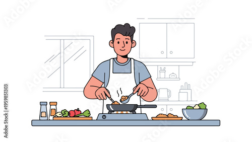 Illustration of a smiling man cooking in a kitchen with various ingredients on the counter, wearing an apron and using kitchen utensils.