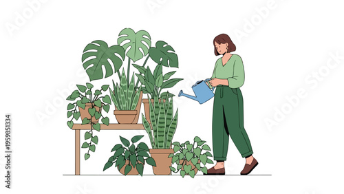 A woman in green clothes watering plants on a shelf with a blue watering can on a white background.