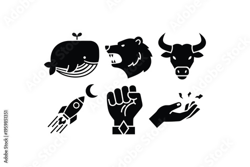 Crypto trading slang icons bull bear whale rocket diamond hands - Stock market finance trading icon set with bull and bear