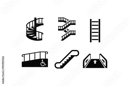 Escalator stairs and wheelchair ramp icon collection - Architectural ascent elements escalator stairs and ladder icon Set