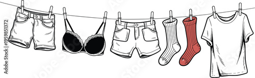 Clothes hanging on laundry line illustration with shorts bra socks and t-shirt daily life scene