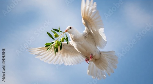 Bird carries olive branch while flying in bright blue sky during daytime