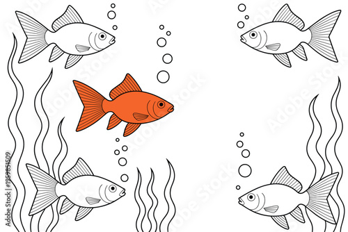 Orange Fish Standing Out Among Uncolored Fish, uniqueness concept