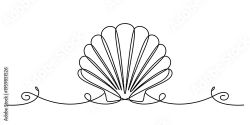 A continuous one line drawing of a seashell with decorative flourishes on a plain white background Vector, illustration