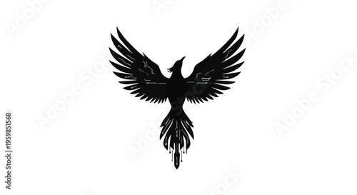 Phoenix bird with widespread wings is depicted as a detailed black silhouette facing upwards on a plain surface.