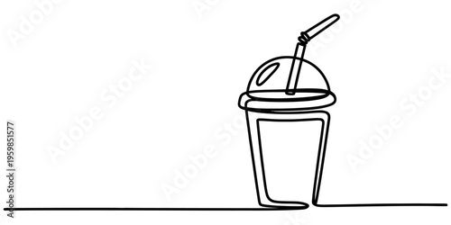 A minimalist single line drawing of a disposable plastic cup with a lid and a straw for beverages Vector, illustration