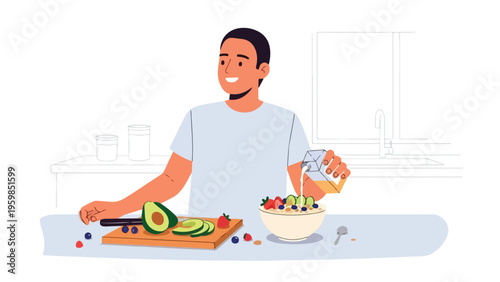 Man preparing a healthy salad with avocado and dressing in a kitchen with a minimalist background.