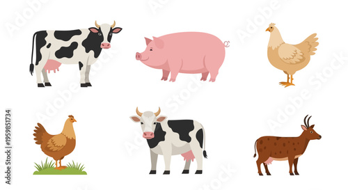 Farm animals in a group standing.