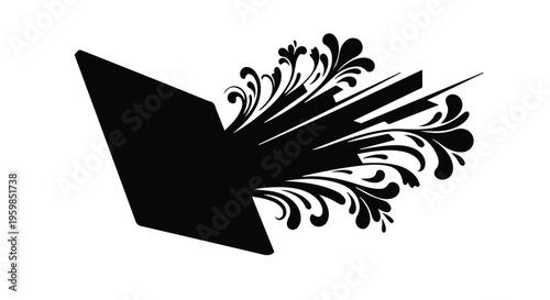 Black arrow shape points leftward incorporating decorative swirling floral elements on the right side.