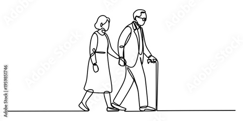 A single continuous line drawing of an elderly couple walking together and holding hands outside