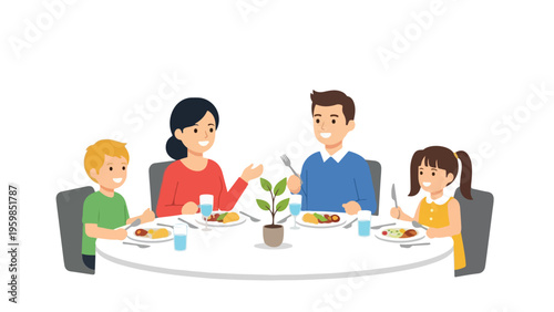 A cartoon family of four sitting around a table eating a meal together in a simple, flat illustration style with a warm and inviting mood against a plain white background.