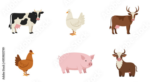 Farm animals in a row standing.