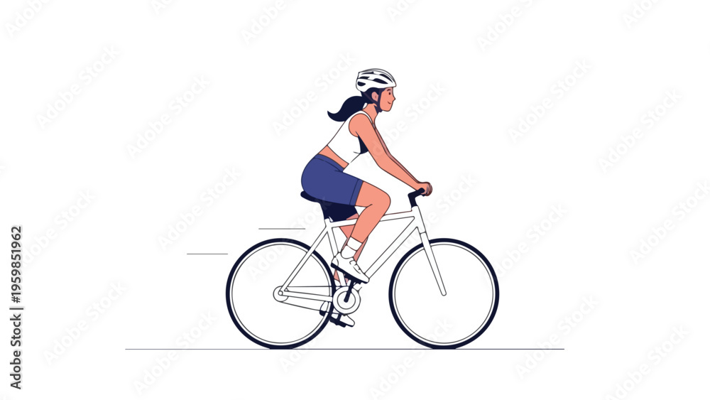 Fototapeta premium A woman wearing a white helmet and athletic attire rides a bicycle in a minimalist illustration style against a clean white background with a focus on fitness and transportation.
