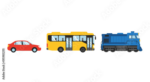 Toy train car bus and locomotive.
