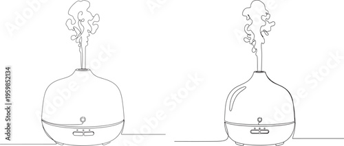 Line Art Illustration of Two Aroma Diffusers Emitting Mist, Representing Relaxation, Home Ambiance, and Aromatherapy Benefits, Aroma Diffuser