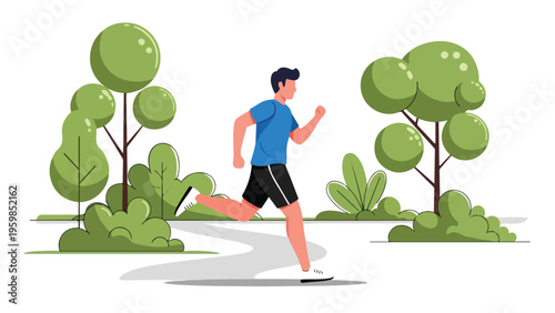 A man in a blue shirt and black shorts running on a path surrounded by green trees and bushes in a cartoon style with a lively and active mood.