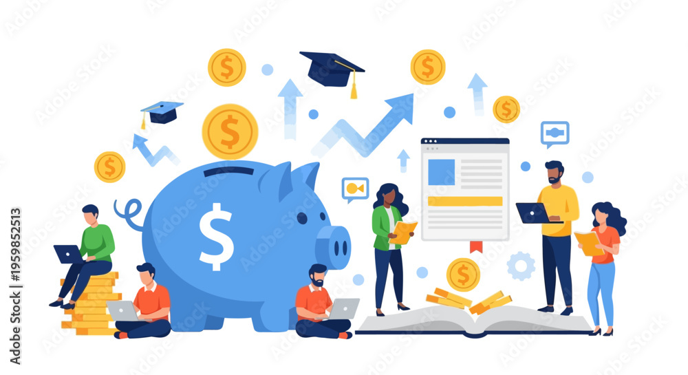 Fototapeta premium Student Financial Aid and Education Savings Planning. People Invest in Knowledge, Study, and Career Growth near Piggy Bank and Graduation Cap.
