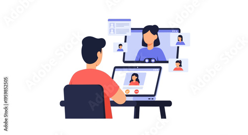 Remote Work Video Conference: Man on Laptop Attending Virtual Meeting, Online Teamwork, and Distance Communication Flat Illustration.