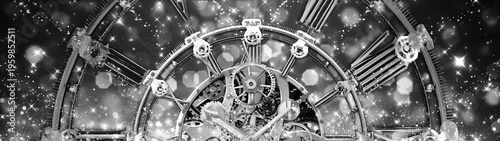 Monochrome Vintage Clockwork Mechanism with Sparkling Magic Particles Background