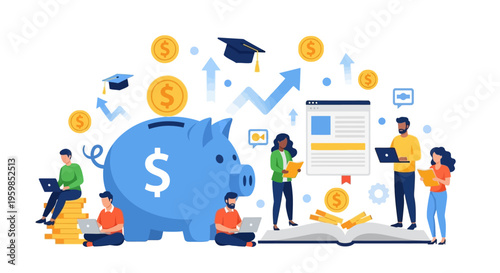 Student Financial Aid and Education Savings Planning. People Invest in Knowledge, Study, and Career Growth near Piggy Bank and Graduation Cap.