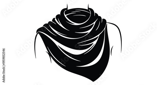 Black and white illustration depicts the upper torso area draped with a voluminous, tightly wrapped scarf or shawl accessory.