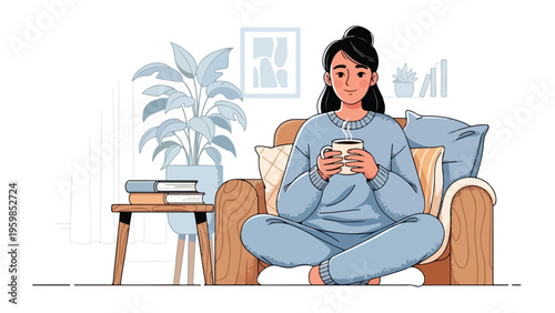 A woman sits cross-legged on a couch, holding a mug, with a side table and plant in a cozy living room setting with soft colors and a relaxed mood.