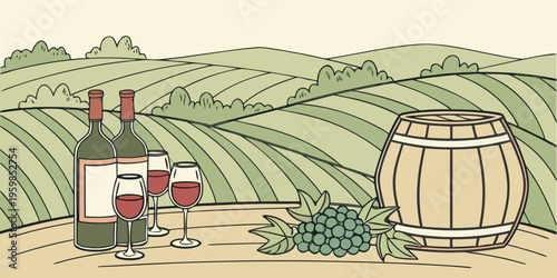 Bottles And Wineglasses With Grapes And Barrel In Rural Scene .vector icon
