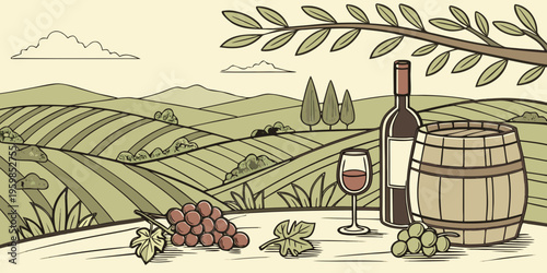 Bottles And Wineglasses With Grapes And Barrel In Rural Scene .vector icon
