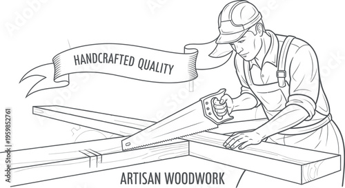 A diligent artisan woodworker carefully saws a wooden plank, embodying the essence of handcrafted quality and precision in traditional carpentry, showcasing custom projects and detailed craftsmanship.