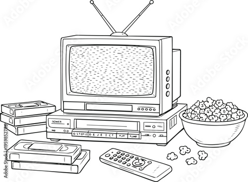 Vintage TV Setup Line Art – VHS Tapes, Remote & Popcorn Illustration. Linear art collection. Editable stroke. Vector illustration