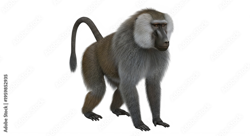 Fototapeta premium A baboon standing upright on its hind legs with a focused expression